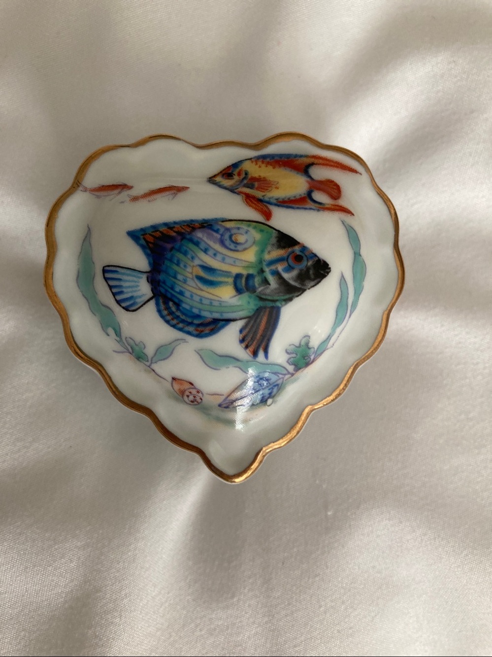 Vintage Lefton Heart-Shaped  Trinket Dish with Colorful Fish and Shells Design